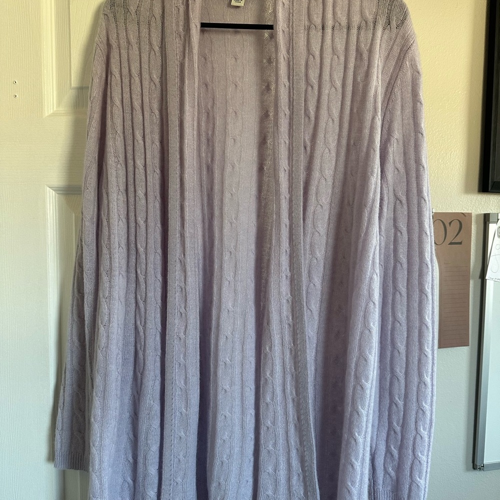 White + Warren Purple Long Open Front Cardigan